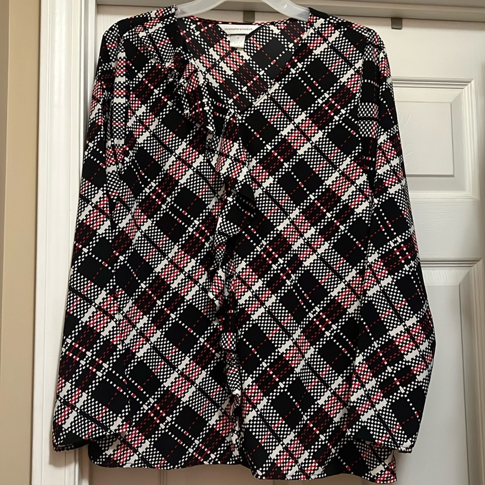 Christopher & Banks Beautiful Black, Red, White Ruffle Neckline Blouse Shirt